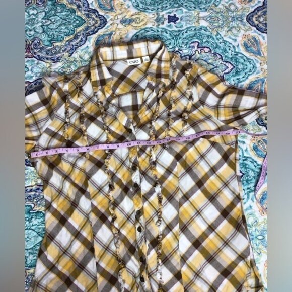 Yellow Plaid Button-Up Women's Top Large (4y) - Picture 5 of 9